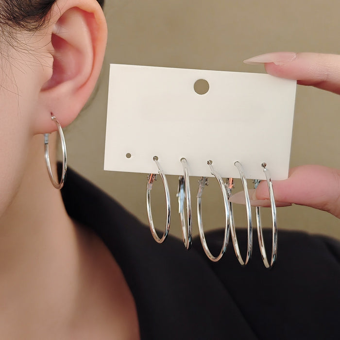 Minimalist Silver Alloy Hoop Set, Korean Style Oversized Round Stud Fashion Women's Earrings