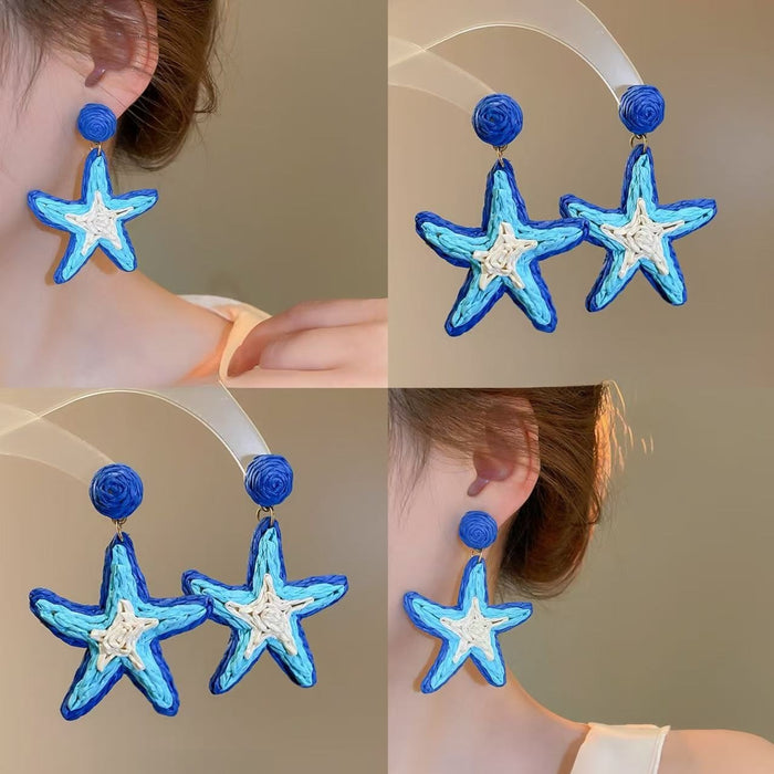 Chic Raffia Woven Starfish Drop Earrings Alloy Bohemian Geometric Floral Star Ear Jewelry