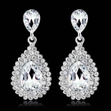 Black Silver Tone Teardrop Crystal Halo Crystal Metal Dangle Earrings