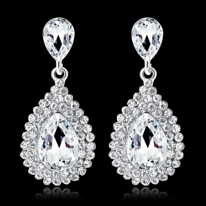 Black Silver Tone Teardrop Crystal Halo Crystal Metal Dangle Earrings