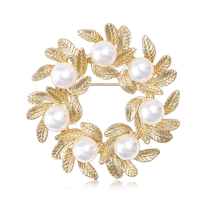 Alloy Pearl Leaf Wreath Brooch Pin For Women's Apparel Decoration