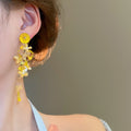 Chic Yellow Flower Tassel Drop Earrings With Copper Alloy Floral Stud Design For Women view 3