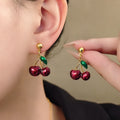 Red Enamel Cherry Green Leaf Pendant Necklace And Drop Stud Jewelry Set Elegant Earrings view 2
