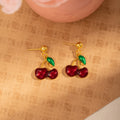 Red Enamel Cherry Green Leaf Pendant Necklace And Drop Stud Jewelry Set Elegant Earrings view 4