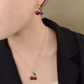 Red Enamel Cherry Green Leaf Pendant Necklace And Drop Stud Jewelry Set Elegant Earrings view 3