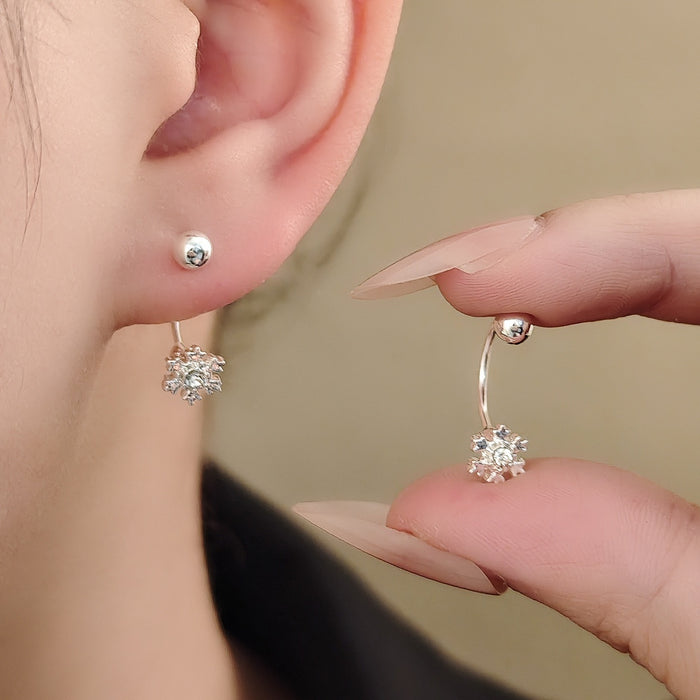 Elegant Korean Style Two Way Snowflake Zircon Stud Drop Earrings For Women Silver Alloy Rhinestone Earrings