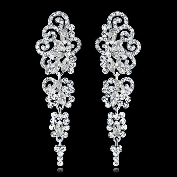 Black Silver Tone Crystal Scroll Dangle Openwork Metal Dangle Earrings