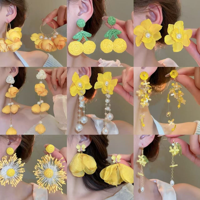 Yellow Cloth Flower Tassel Drop Earrings With Silver Pins, Forest Style Sweet Summer Jewelry
