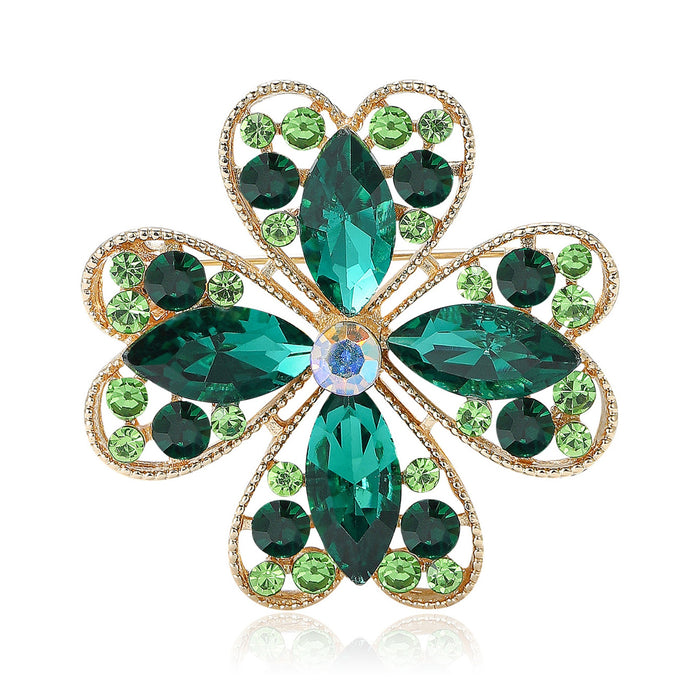 Alloy Rhinestone Hollow Clover Brooch Pin For Women's Apparel