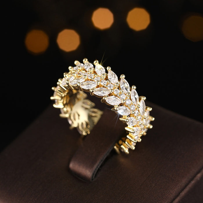 European Luxury Willow Leaf Ring, Full Pave Zircon Cool Style Index Finger Ring For Women