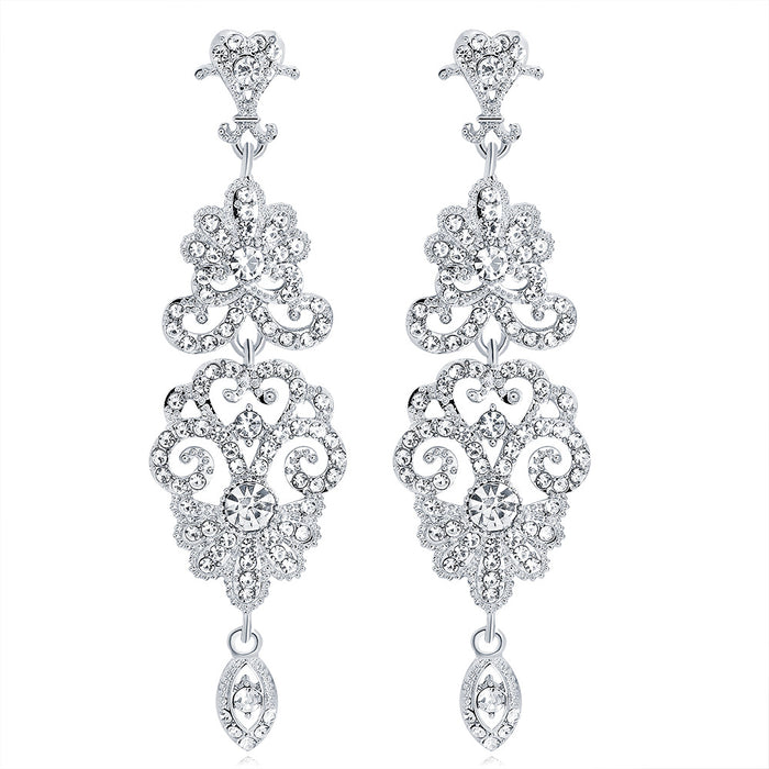 Silver Tone Crystal Scroll Tassel Metal Dangle Earrings