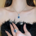 Luxury Alloy Oval Blue Gemstone Rhinestone Necklace Ring Stud Earrings Jewelry Set view 4