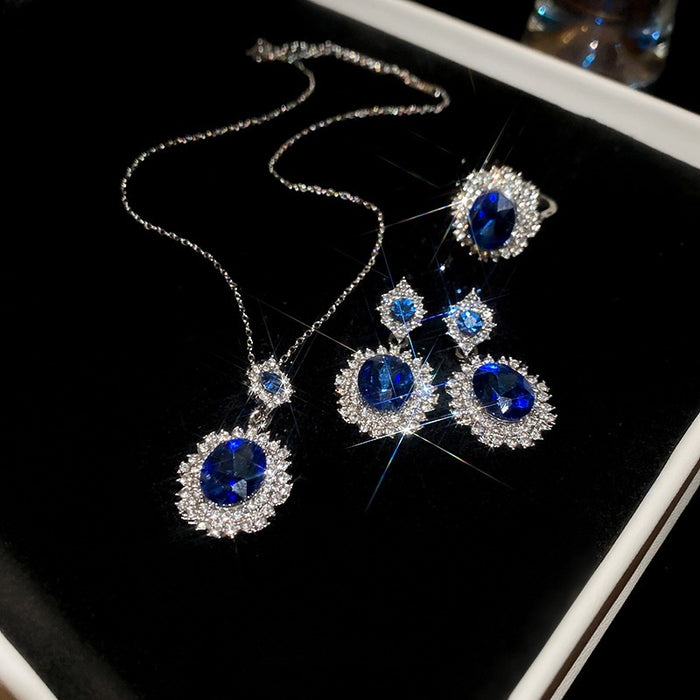 Luxury Alloy Oval Blue Gemstone Rhinestone Necklace Ring Stud Earrings Jewelry Set
