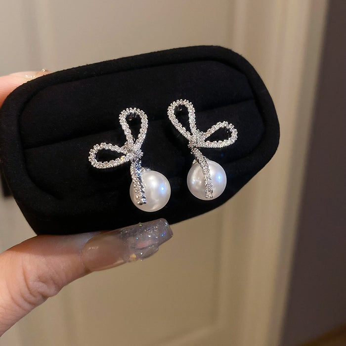 French Vintage Bow Faux Pearl Zircon Stud Earrings With Silver Needle Elegant Light Luxury Jewelry