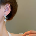 French Vintage Bow Faux Pearl Zircon Stud Earrings With Silver Needle Elegant Light Luxury Jewelry view 4