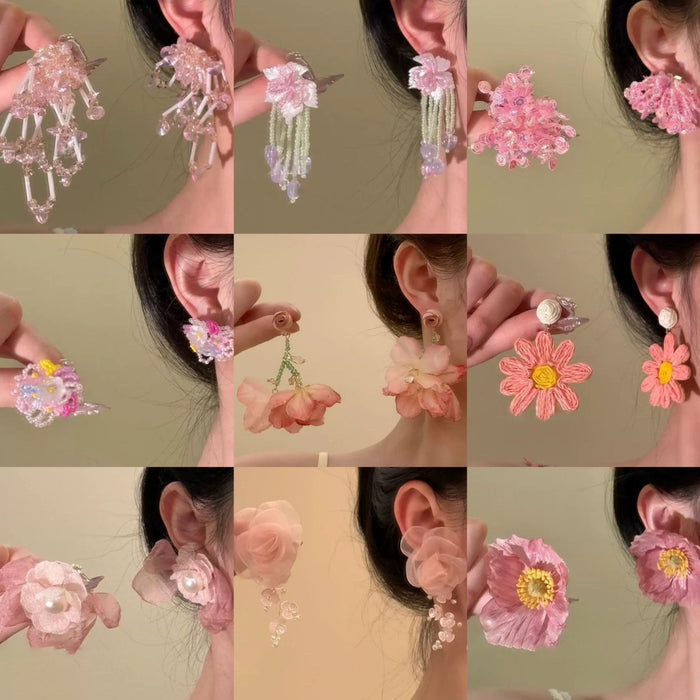 Sweet Floral Alloy Mesh Tassel Drop Earrings With Silver Needle For Beach Vacation Style