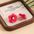 Elegant 3D Pink Flower Studs With Faux Pearl Center, Sweet Vacation Style Floral Acrylic Earrings view 2
