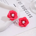 Elegant 3D Pink Flower Studs With Faux Pearl Center, Sweet Vacation Style Floral Acrylic Earrings view 3
