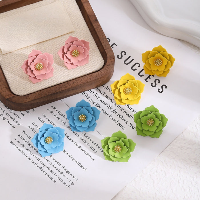 Elegant Enamel Peach Blossom Flower Studs With Rhinestone Center Sweet Spring Alloy Earrings