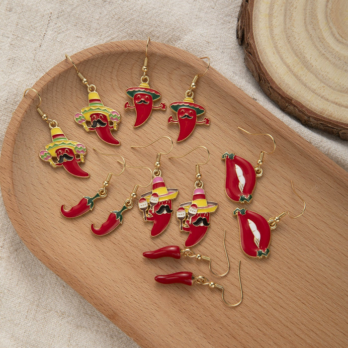 Ethnic Mexican Red Chili Pepper Sombrero Mustache Enamel Alloy Cartoon Dangle Drop Earrings