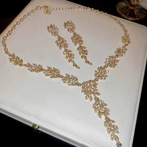Light Luxury Alloy Rhinestone Leaf Wheat Tassel Necklace Earrings Jewelry Set