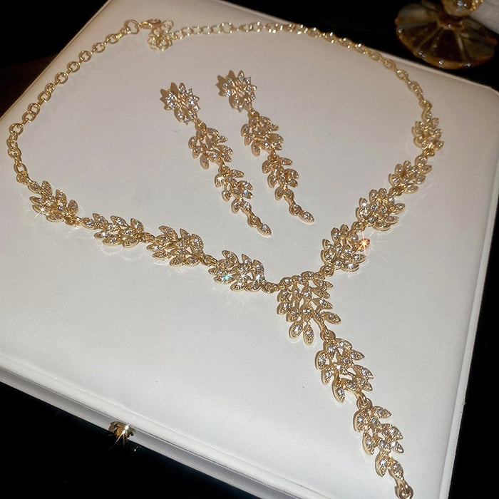Light Luxury Alloy Rhinestone Leaf Wheat Tassel Necklace Earrings Jewelry Set