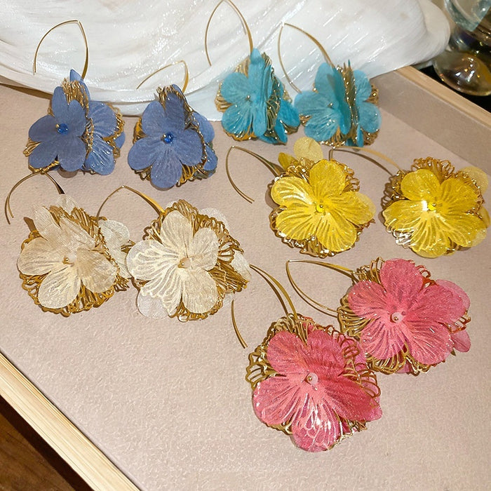 Chic Korean Style Alloy Flower Drop Earrings For Women, Fresh Vacation Floral Ear Hook Jewelry
