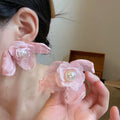 Pink Floral Petal Mesh Crystal Tassel Alloy Drop Earrings For Beach Vacation Style view 4
