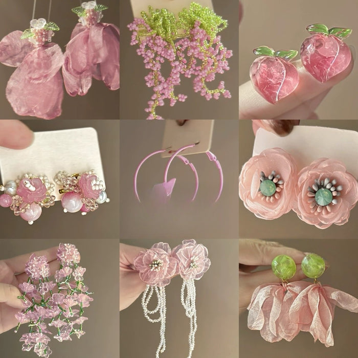 Pink Floral Petal Mesh Crystal Tassel Alloy Drop Earrings For Beach Vacation Style