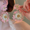 Pink Floral Petal Mesh Crystal Tassel Alloy Drop Earrings For Beach Vacation Style view 2