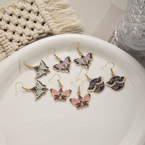 Vintage Dark Enamel Butterfly Moth Alloy Star Moon Celestial Dangle Hook Women's Fashion Earrings