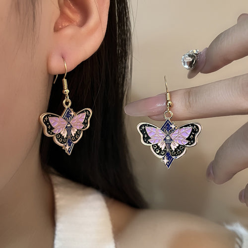 Vintage Dark Enamel Butterfly Moth Alloy Star Moon Celestial Dangle Hook Women's Fashion Earrings