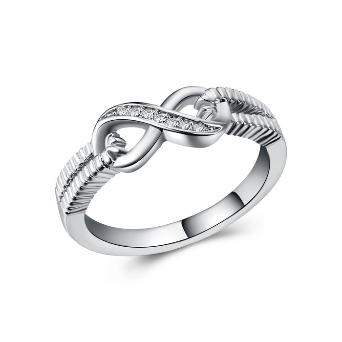 Silver-Tone Infinity Band Ring with Rope Texture and Clear Stones