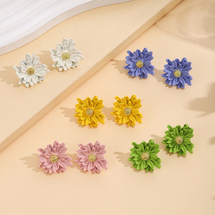 Sweet 3D Daisy Flower Enamel Studs With Rhinestone Centers Korean Elegant Spring Fashion Earrings