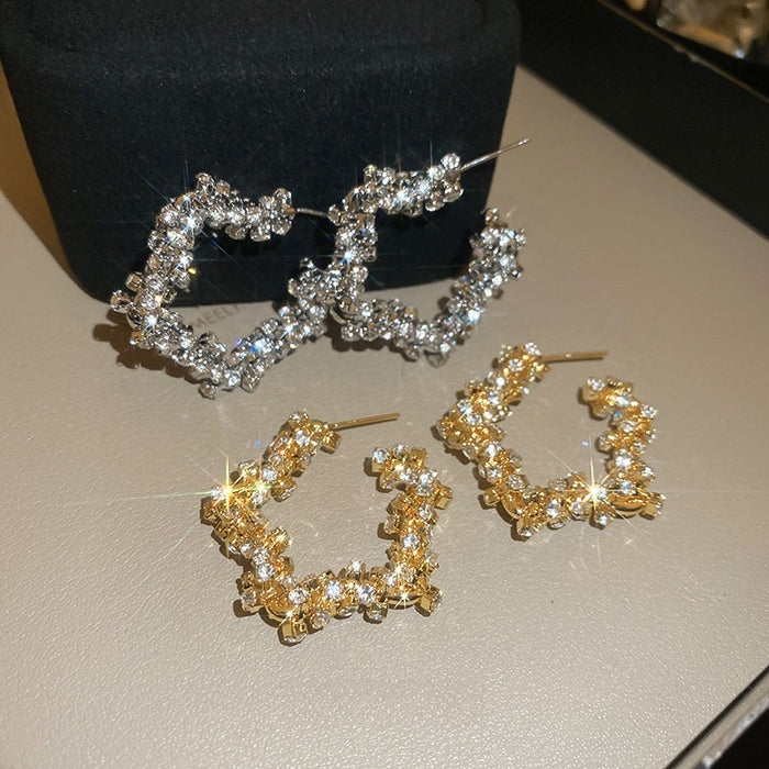 Copper Star Rhinestone Hoop Earrings With Silver Pins Vintage Light Luxury Geometric Jewelry
