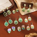 French Garden Square Pearl Drop Earrings, Vintage Green Oil Painting Style Stud Jewelry view 1