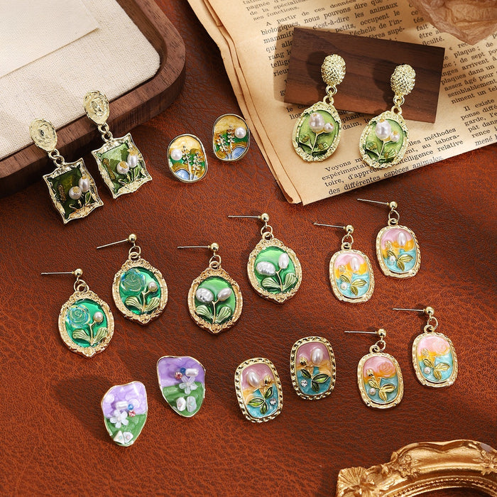 French Garden Square Pearl Drop Earrings, Vintage Green Oil Painting Style Stud Jewelry