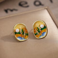 French Garden Square Pearl Drop Earrings, Vintage Green Oil Painting Style Stud Jewelry view 3