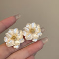 Alloy Simulated Camellia Flower Stud Earrings French Retro Elegant Silver Needle Jewelry view 2