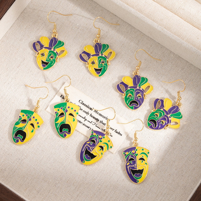 Bohemian Enamel Alloy Mardi Gras Carnival Comedy Tragedy Mask Jester Face Hook Drop Earrings