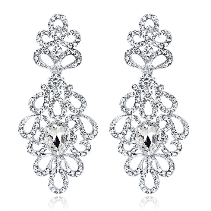 Silver Tone Crystal Scroll Drop Openwork Crystal Metal Dangle Earrings