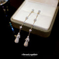 Elegant Faux Pearl Zircon Teardrop Tassel Drop Earrings With Silver Needle Studs view 4