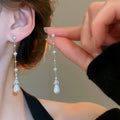 Elegant Faux Pearl Zircon Teardrop Tassel Drop Earrings With Silver Needle Studs view 1