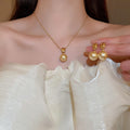 18K Gold Plated Champagne Faux Pearl Stud Earrings And Necklace Jewelry Set For Women view 4