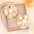 Elegant Silver Alloy 3D Flower Pearl Statement Stud Earrings For Women Fashion Metal Petal Earrings view 3