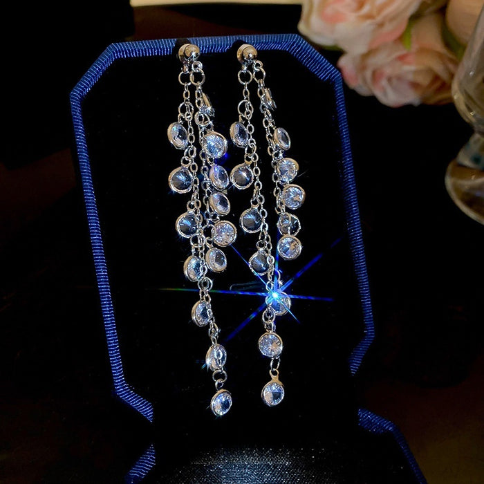Chic Copper Zircon Round Geometric Long Tassel Drop Earrings With Silver Needle Posts