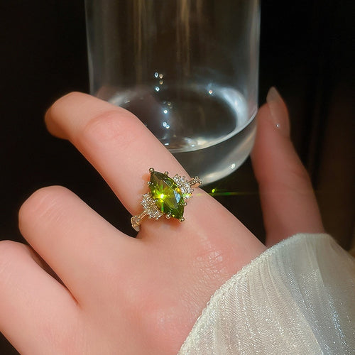 14K Gold Plated Oval Green Zircon Open Bangle Ring Luxury Geometric Vintage Jewelry