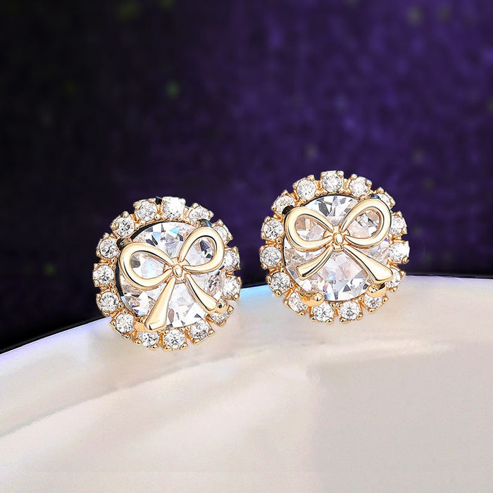 Sweet Bowknot Stud Earrings With Micro Pave Zircon, Gentle Prom Daily Jewelry Accessories
