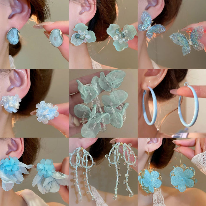 Alloy Mint Green Gauze Flower Tassel Drop Earrings Forest Style Statement Ear Jewelry