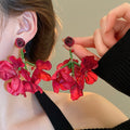 Forest Style Fabric Crystal Flower Tassel Drop Earrings With Silver Needle Posts view 3